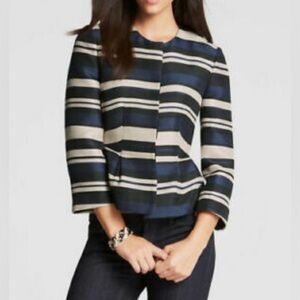 Ann Taylor Striped Peplum Jacket Blue Black Button Down Blazer Size 0